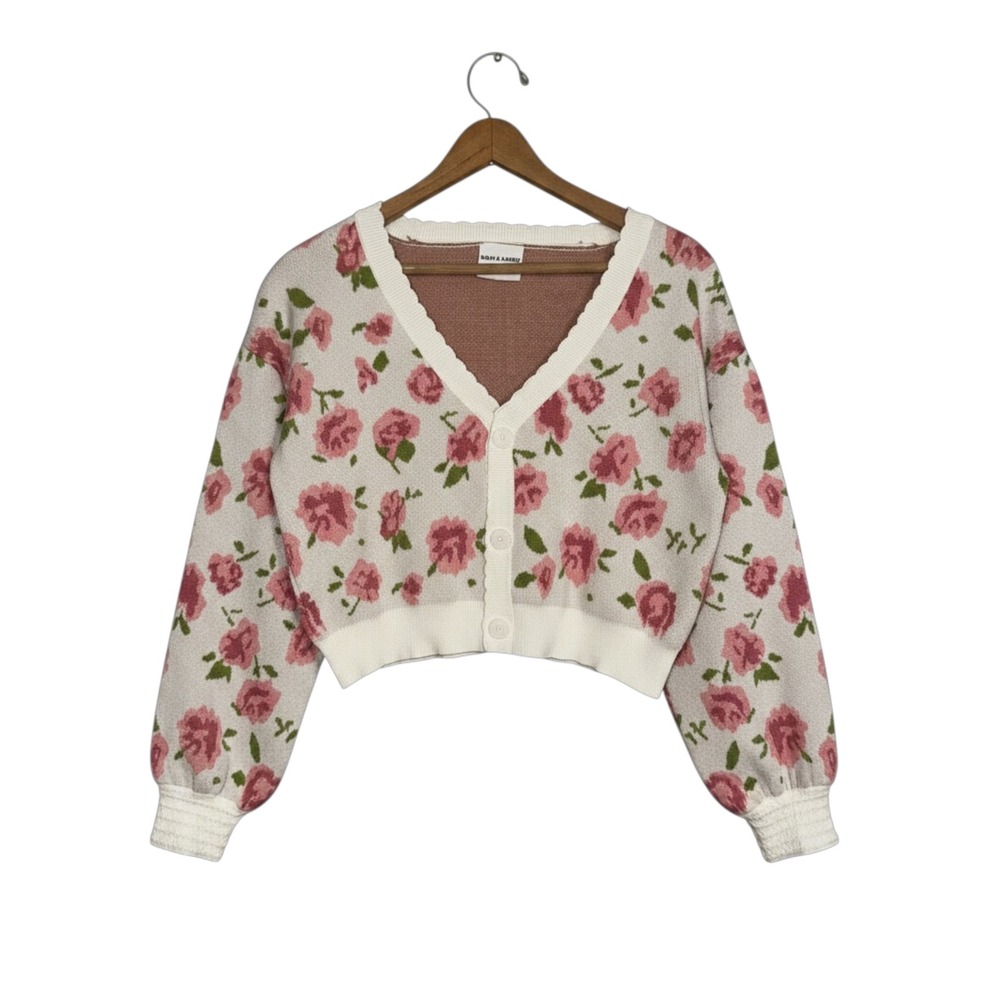 Willow & Wind Women's Pink Rose Floral Cropped Cardigan Sweater V-Neck Small - Picture 2 of 7